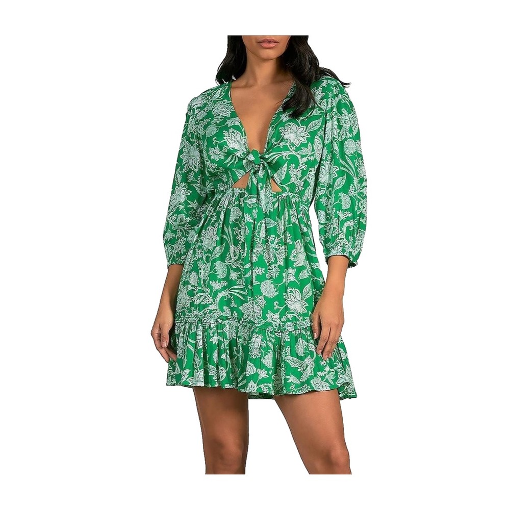 Elan Green Floral Mini Dress XS Tie Front Cutout Ruffle Boho Cottagecore NWT